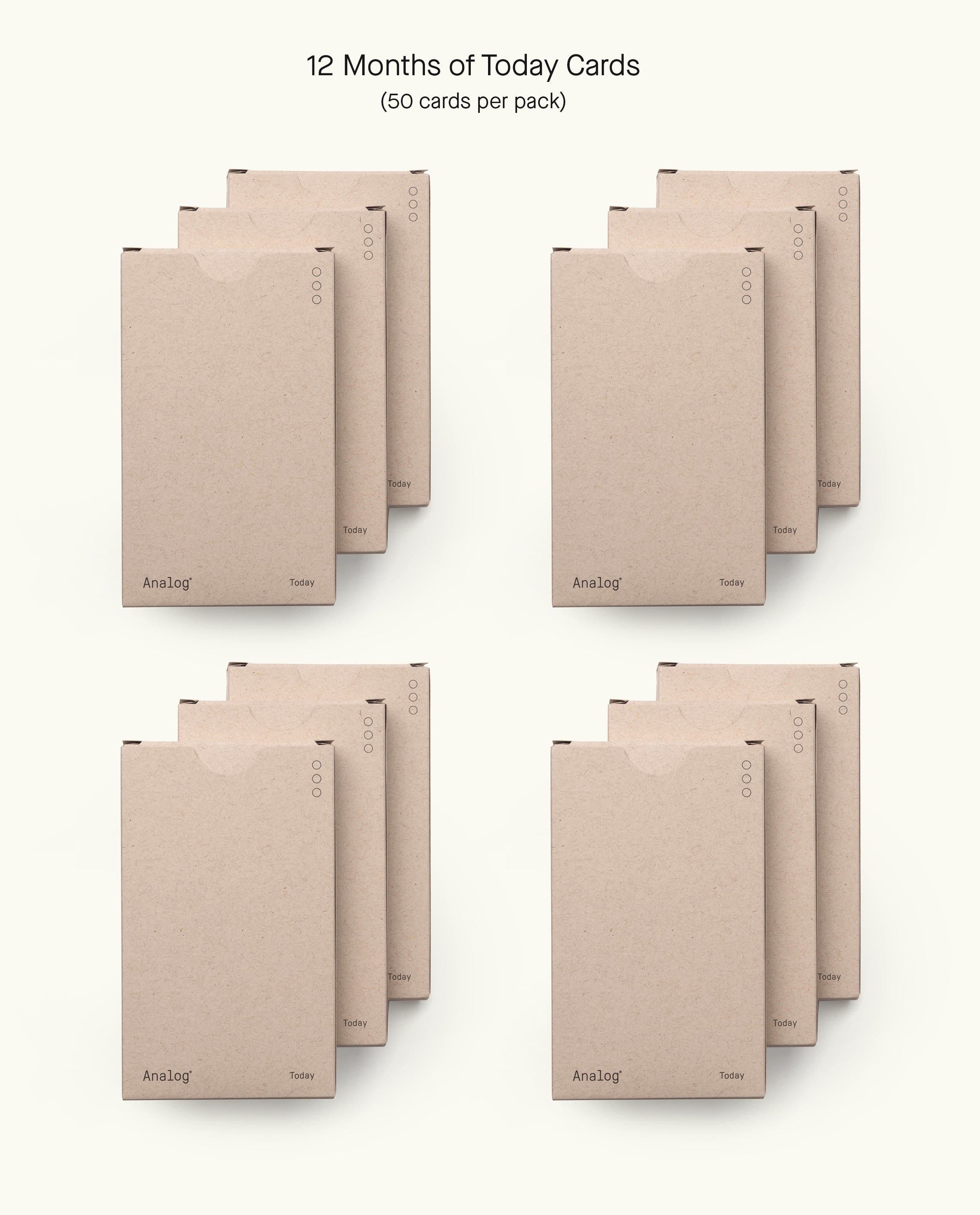 Twelve packs of Analog Today Cards (12-Pack), each 3x5" and brown, arranged in a grid. Each pack contains 50 cards, totaling 12 months' worth of note cards. Text above reads: 12 Months of Today Cards (50 cards per pack).