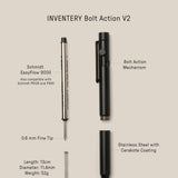 A disassembled INVENTERY Bolt Action Pen (Onyx), made in Los Angeles, with labeled parts: Schmidt EasyFlow 9000 refill, bolt action mechanism, 0.6 mm tip, stainless steel body with Cerakote coating, spring, and specs.