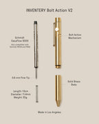 Labeled diagram of the INVENTERY Bolt Action Pen (Brass), showing disassembled parts: refill, bolt action mechanism, solid brass body with Cerakote coating, and spring. Includes details on refill compatibility, tip size, and pen dimensions.