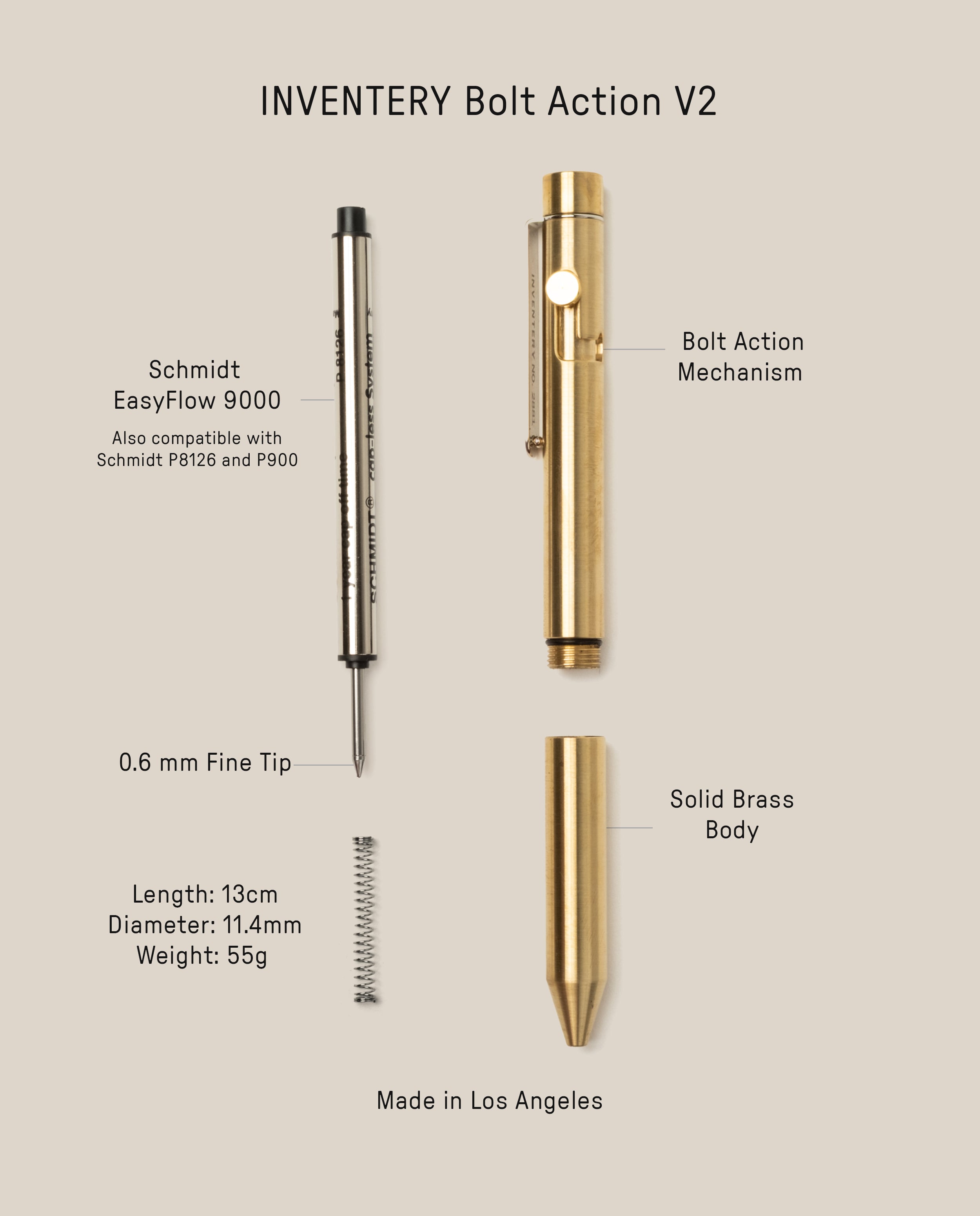 Labeled diagram of the INVENTERY Bolt Action Pen (Brass), showing disassembled parts: refill, bolt action mechanism, solid brass body with Cerakote coating, and spring. Includes details on refill compatibility, tip size, and pen dimensions.