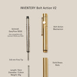 Labeled diagram of the INVENTERY Bolt Action Pen (Brass), showing disassembled parts: refill, bolt action mechanism, solid brass body with Cerakote coating, and spring. Includes details on refill compatibility, tip size, and pen dimensions.