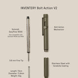 Diagram of the INVENTERY Bolt Action Pen (Olive Green) showing its parts: Schmidt EasyFlow 9000 refill, bolt action mechanism, steel body with Cerakote coating, 0.6 mm fine tip, spring, plus pen dimensions and weight.