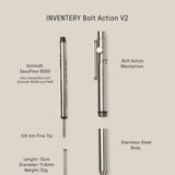 A diagram displays the INVENTERY Bolt Action Pen (Stainless), highlighting its Schmidt EasyFlow 9000 refill, bolt action mechanism, stainless steel body, spring, plus dimensions and weight.