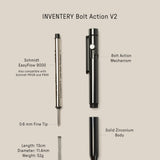 The INVENTERY Bolt Action Pen (Zirconium) disassembled, labeled with Schmidt EasyFlow 9000 refill, bolt action mechanism, machined zirconium body, 0.6mm fine tip, spring; measures 13 cm long, 11.4 mm diameter, and weighs 52g.
