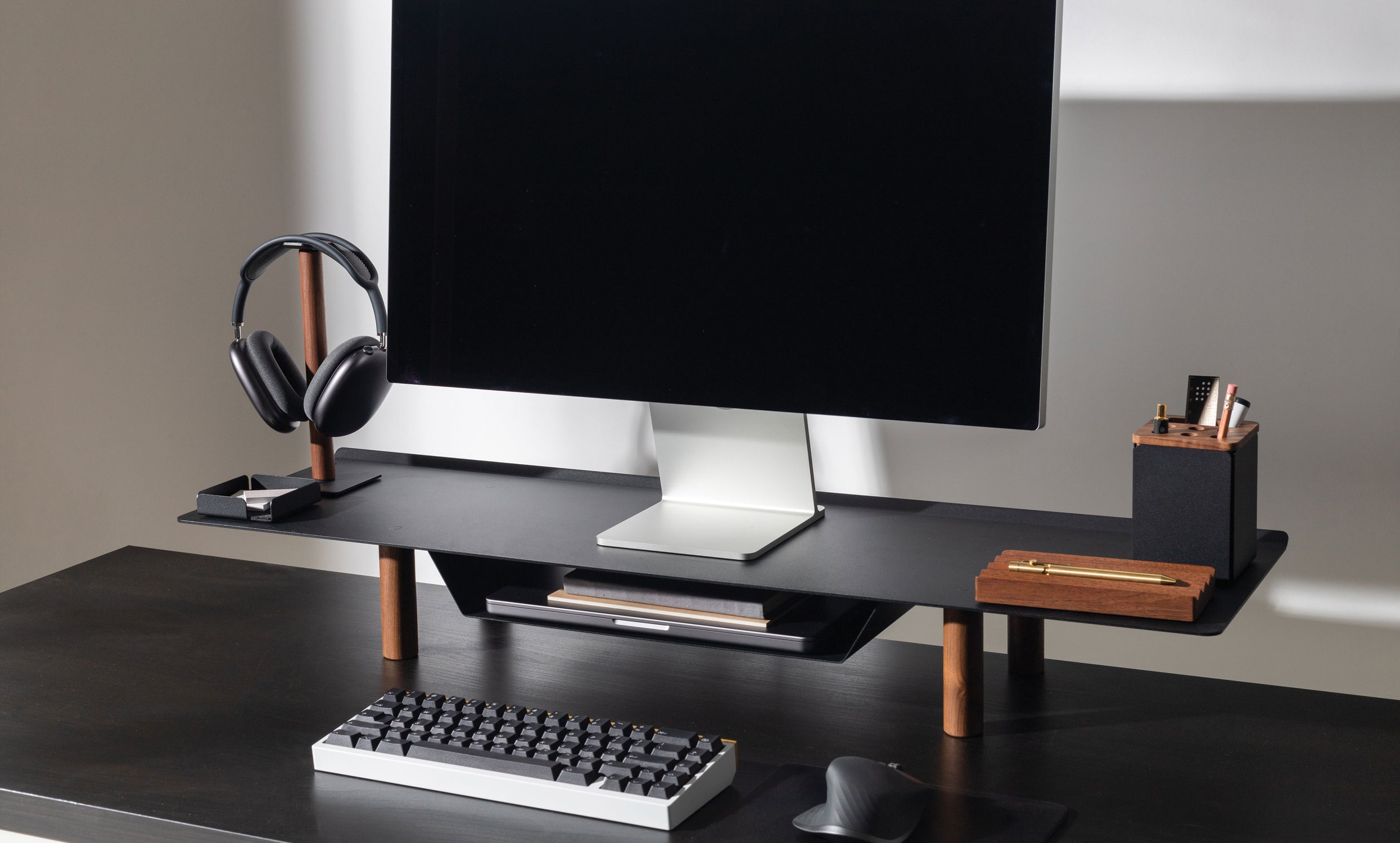MyGift Rustic Brown Wood & Black Metal Monitor Stand For Home Office Desk - Fits 10" To 11" Screens