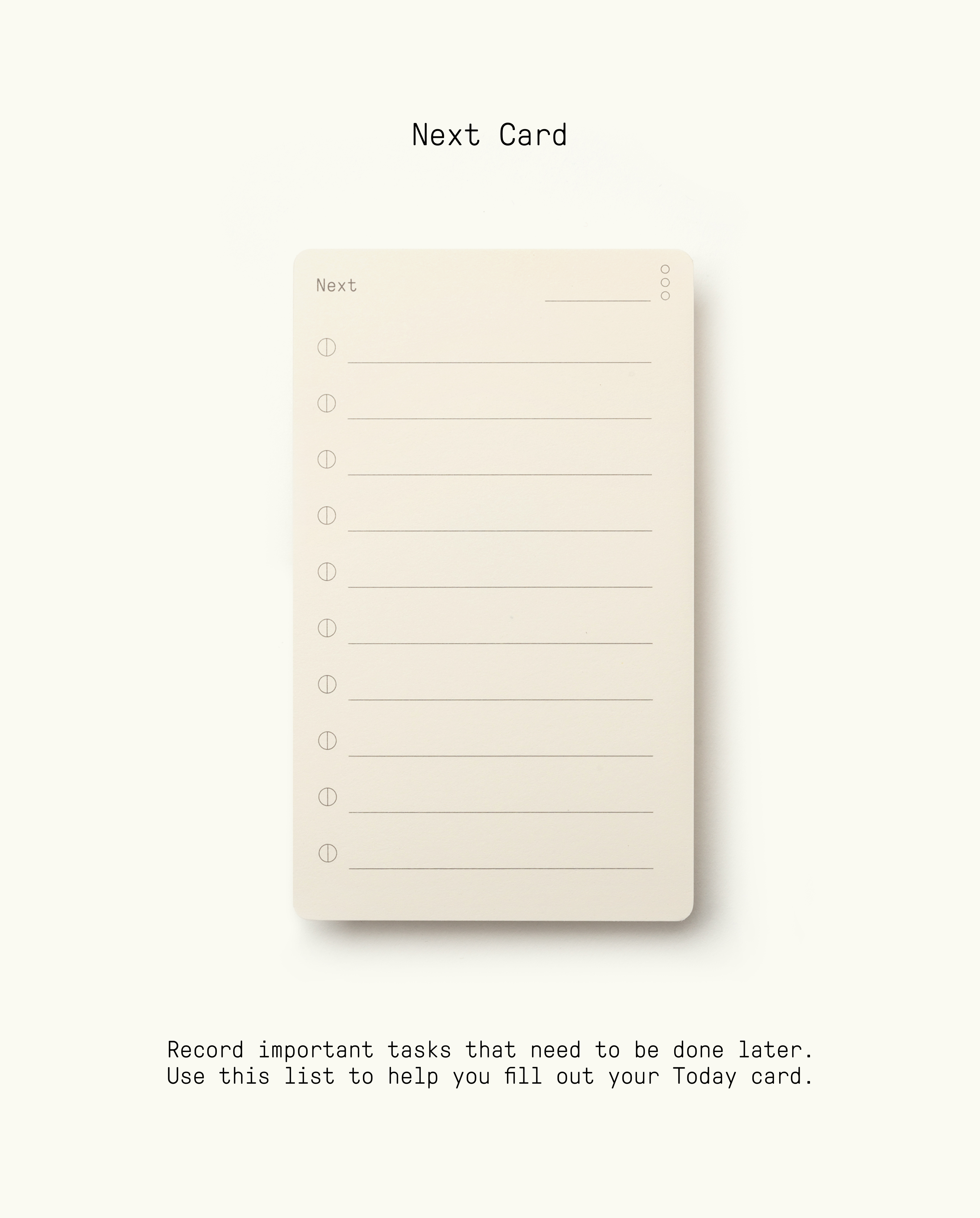 The Analog Premium Starter Kit (Walnut) includes a blank notecard titled Next with numbered lines for tasks. "Next Card" appears above, and instructions below explain its use as a task organizer to help you efficiently fill out your Today card.