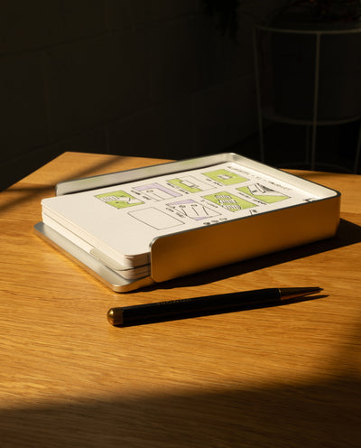 The Analog Capture Kit - Large (Silver Aluminum) features large dot grid cards with diagrams and green highlights in a sleek aluminum tray on a wooden table, accompanied by a black and gold pen under warm sunlight.