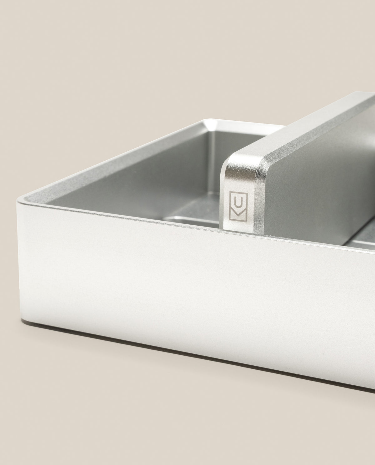 Analog Archive silver aluminum desk card organizer with a central divider featuring a small logo.