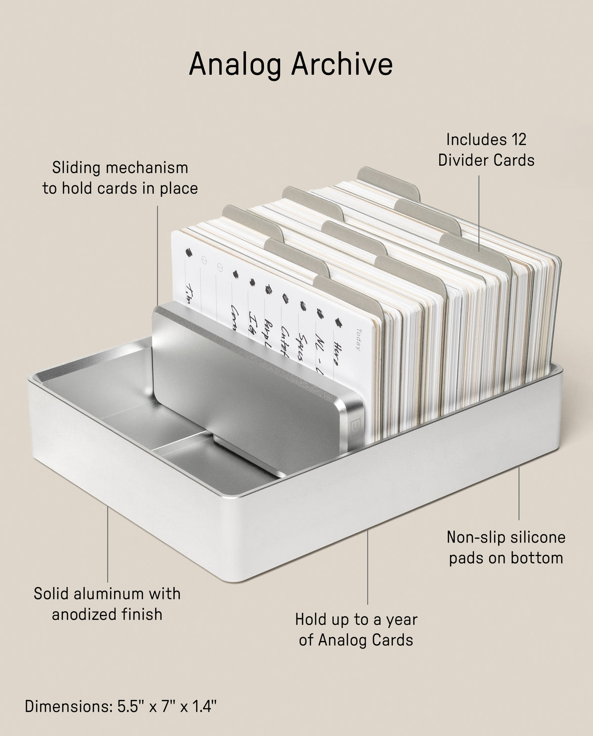 Analog Archive (Silver Aluminum) solid card organizer holding a stack of index cards with twelve divider tabs, featuring a sliding mechanism and non-slip base, measuring 5.5 inches by 7 inches by 1.4 inches.