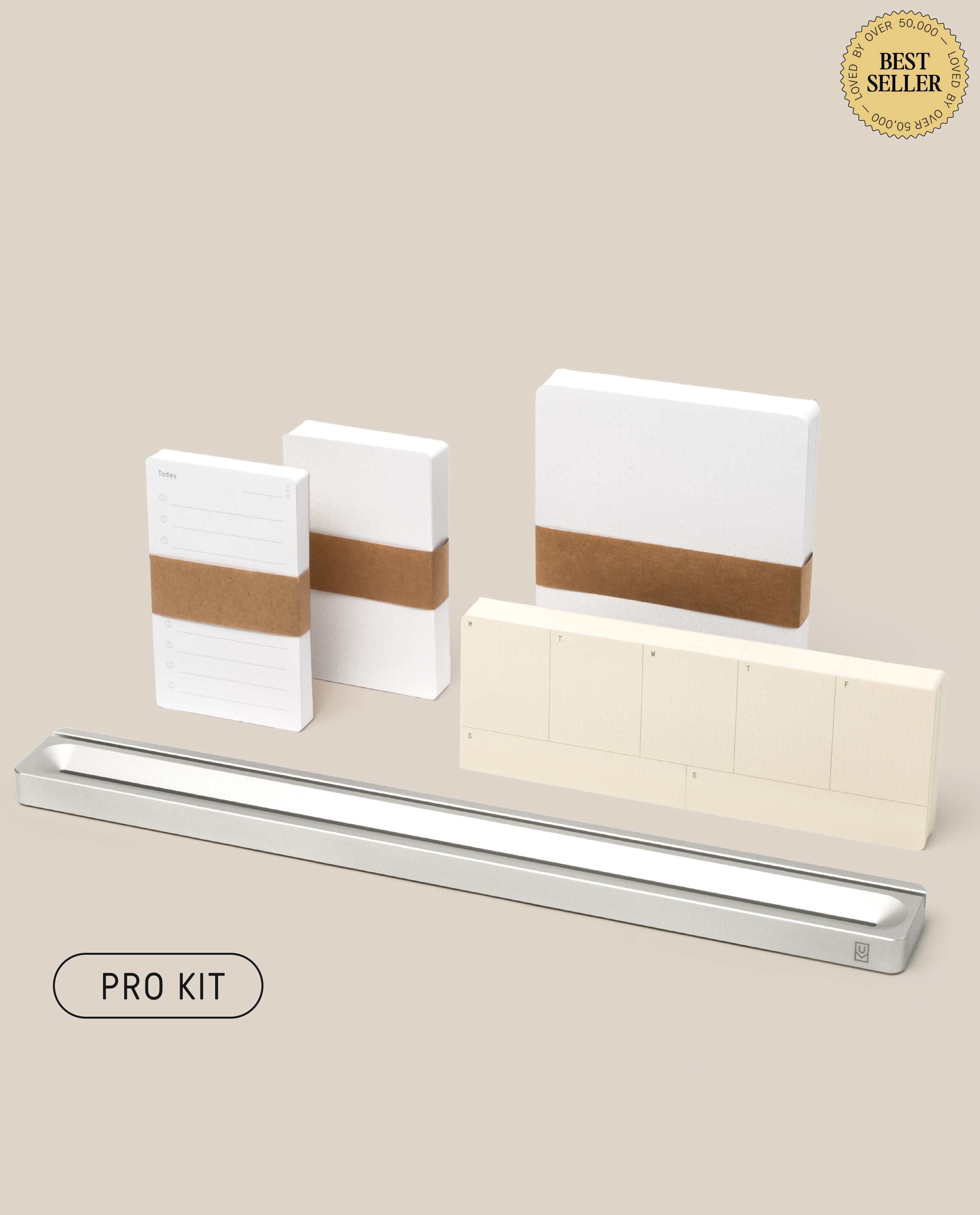 The Analog Card Bar - Pro Kit (Silver) features stacks of white task cards with brown paper bands, a silver pen tray, and a BEST SELLER badge on a beige background—ideal for organizing your workspace.