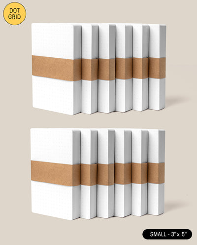 Twelve Analog Dot Grid Cards - Small (3 x 5, 12-Pack) are arranged in two rows on a beige background. A yellow circle reads DOT GRID and a black label says SMALL, highlighting their use as analog index cards.