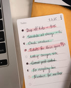 An Analog Trial Pack 3x5 card to-do list rests by a laptop, featuring handwritten tasks like Drop off kids and Schedule oil change—some crossed out in different colors. The date is 3.2.25, evoking classic index card vibes.