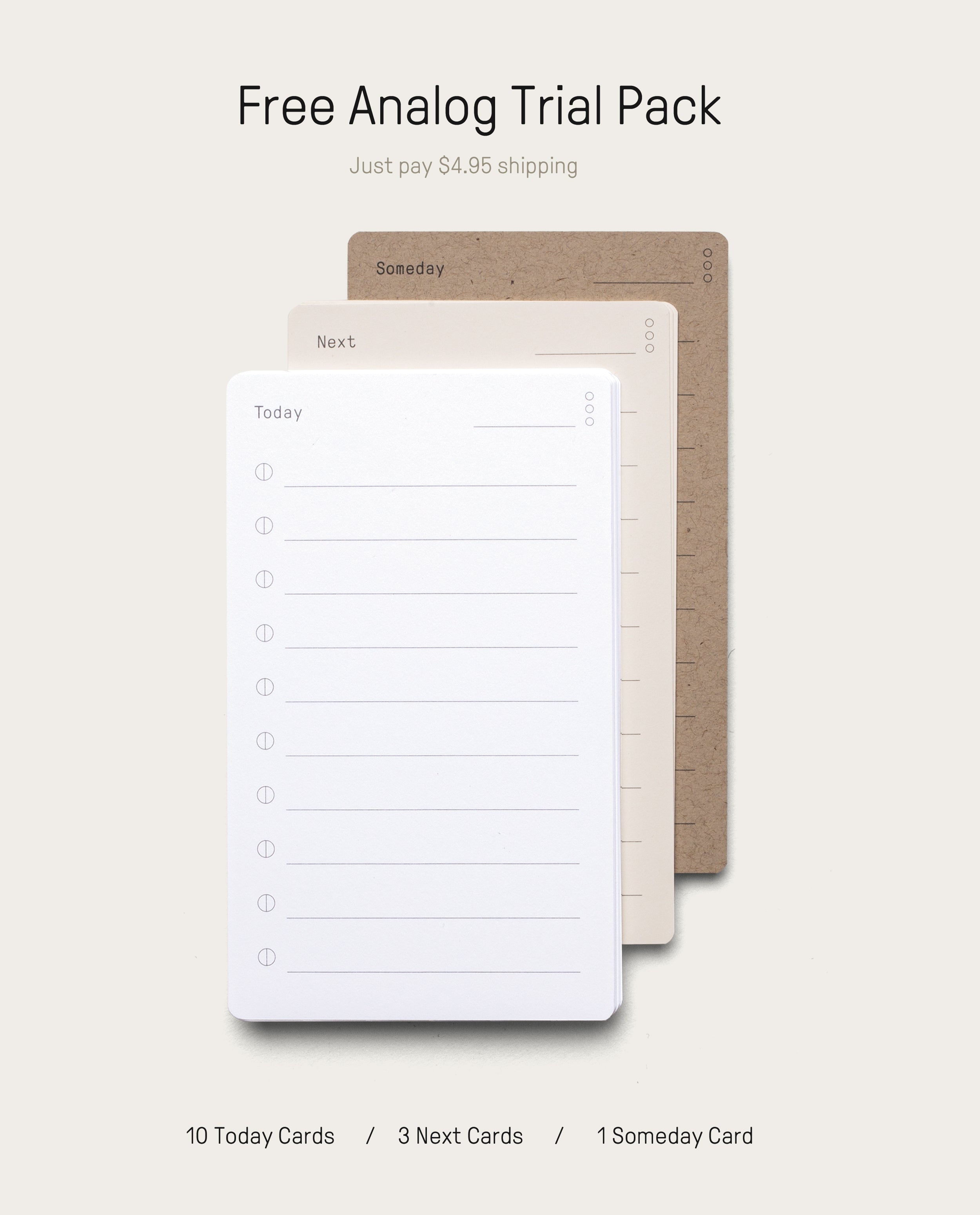 The Analog Trial Pack includes three types of 3x5 cards—Today, Next, and Someday—stacked on a light background. Try it free on premium card stock (just pay $4.95 shipping). Card quantities are shown below.