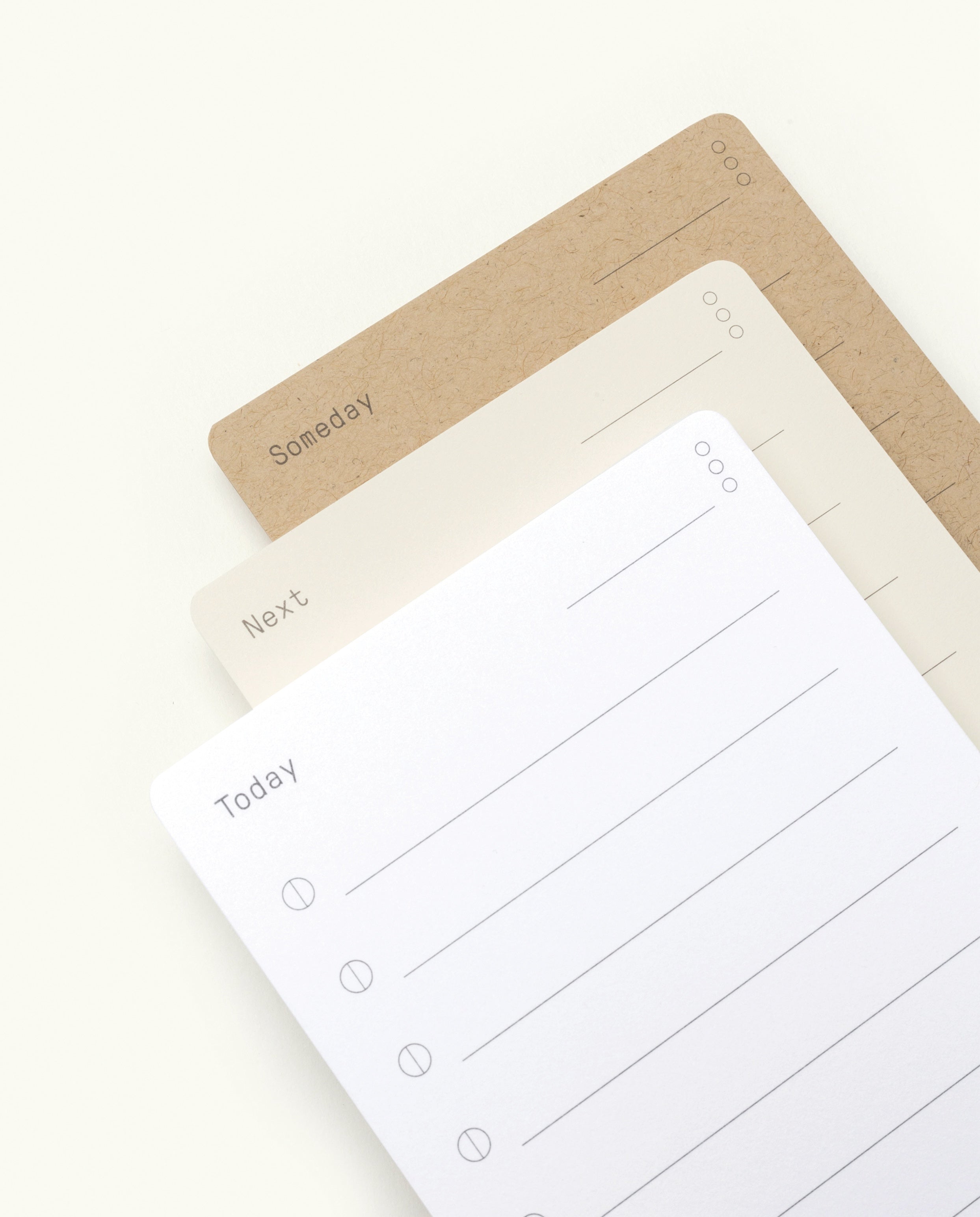 The Analog Trial Pack includes three 3x5 notepads—Today (white), Next (cream), and Someday (brown)—each stacked diagonally and made from premium card stock with lines and checkboxes on a light background.