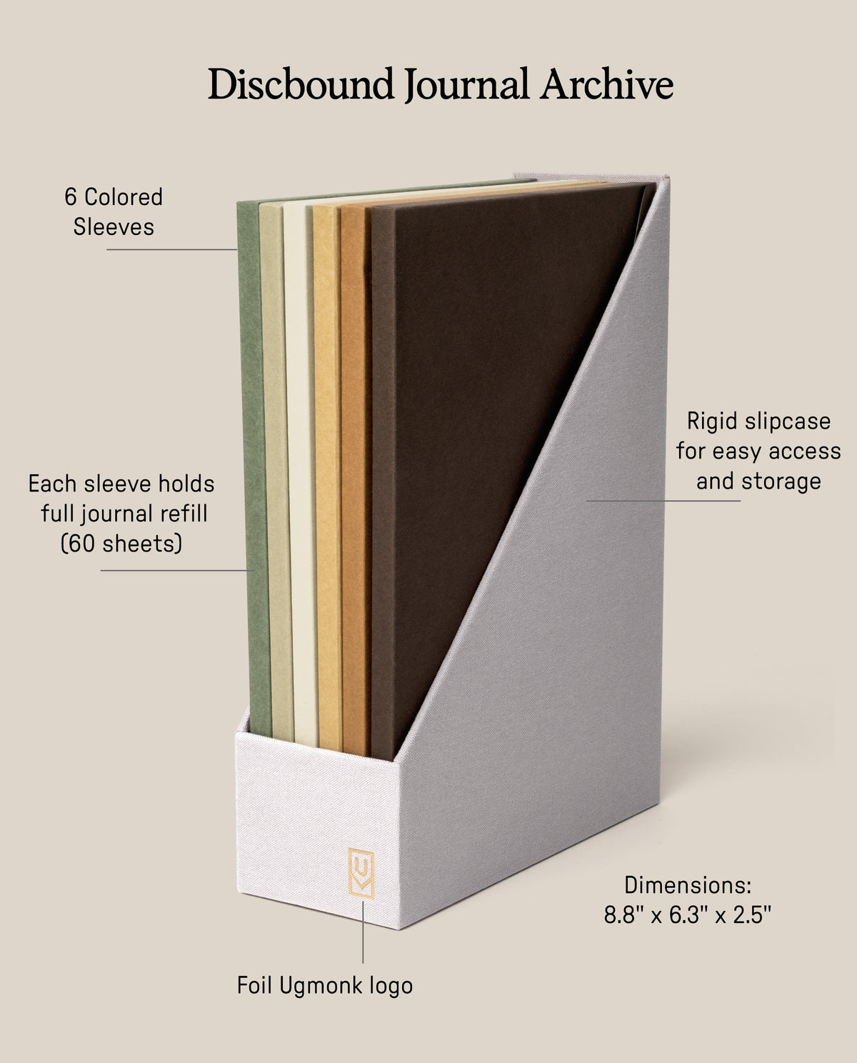 The Discbound Journal Archive is a set of six colored refillable journal sleeves presented in a white rigid slipcase, featuring a foil-stamped logo. Designed for stylish and organized journal storage, each labeled sleeve can hold multiple sheets, and the archive measures 8.8 x 6.3 x 2.5 inches.