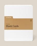 Analog Blank Cards - Large: 50 white, 5x8.5 inch cards made from premium uncoated cardstock, wrapped with a brown paper band featuring branding and product details.