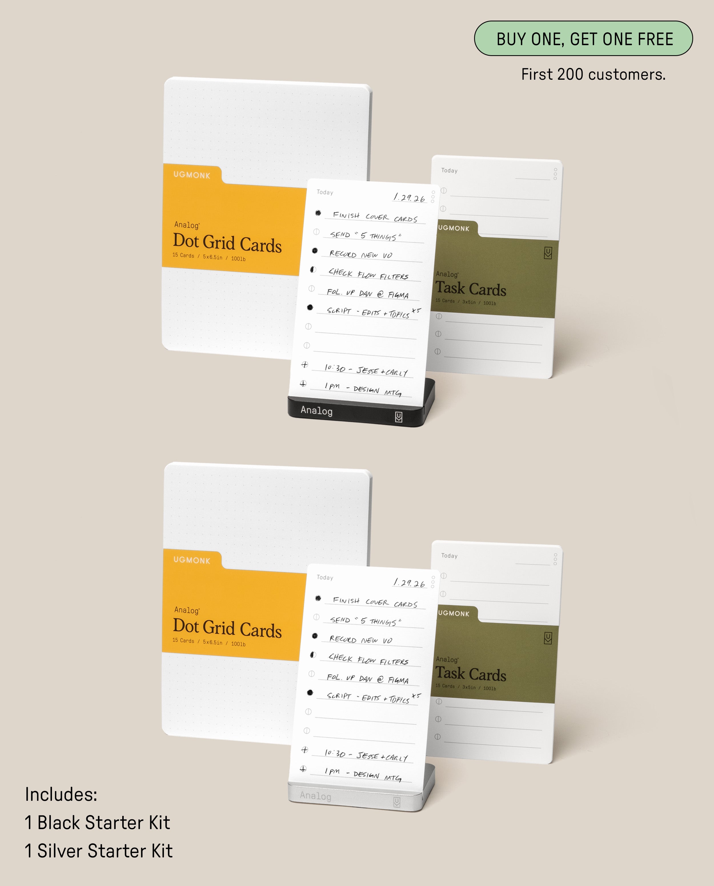 Two Analog Starter Kits—one black and one silver—are featured as part of the “Analog Starter Kit - BOGO Special,” an innovative paper card system. A banner reads: Buy one, get one free for the first 200 customers.