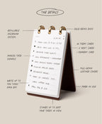 Desk calendar with features listed on a beige background