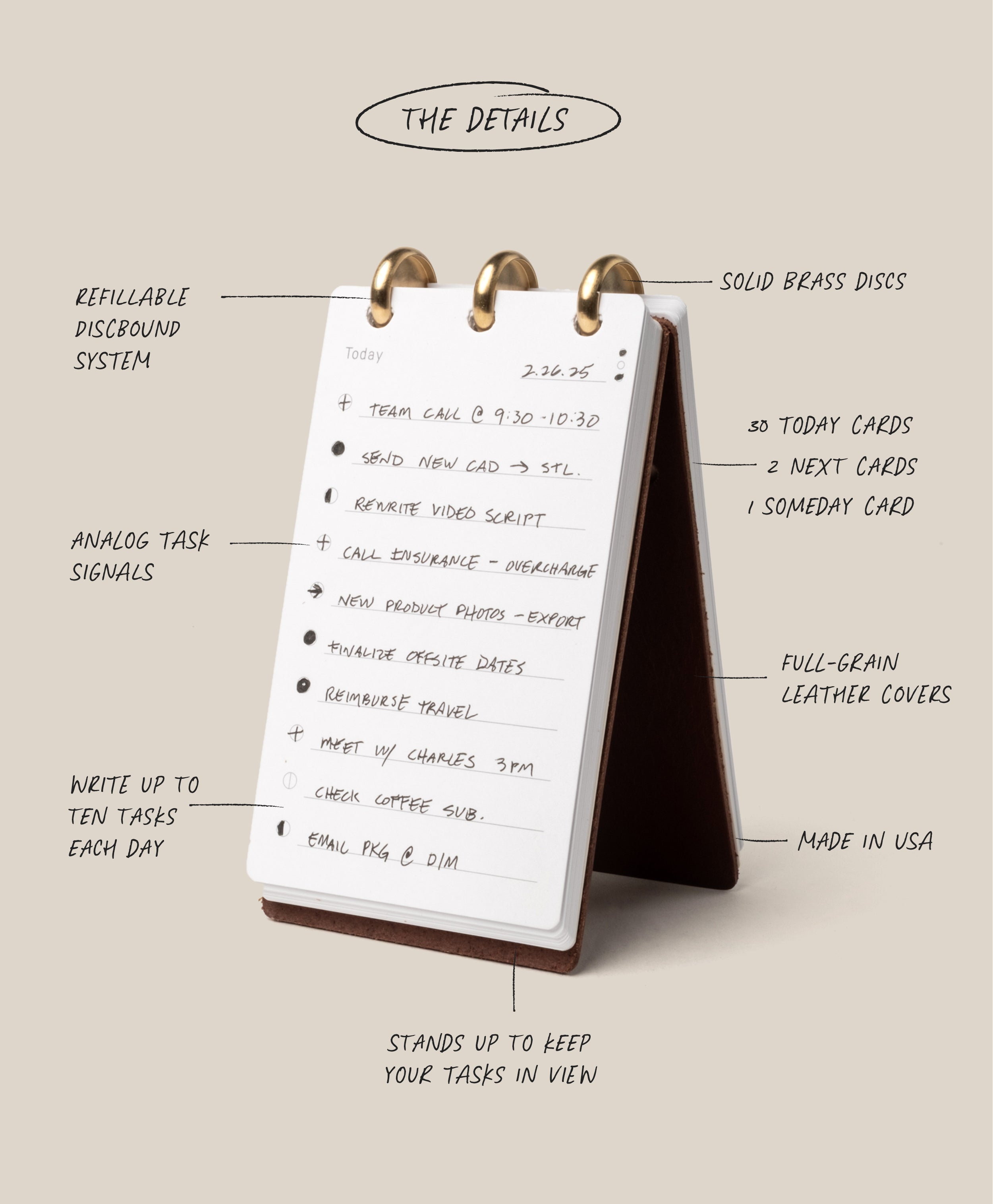 Desk calendar with features listed on a beige background