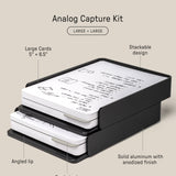 The Analog Capture Kit - 2 Large (Black Aluminum) is a stackable aluminum tray set holding large 5" x 6.5" cards, including dot grid cards. It features an angled lip, card stock divider, anodized finish, and measures 5.31" x 6.8" x 2.46".