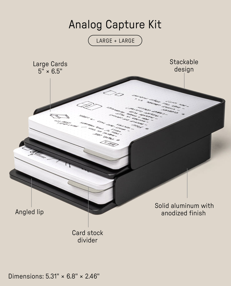 The Analog Capture Kit - 2 Large (Black Aluminum) is a stackable aluminum tray set holding large 5" x 6.5" cards, including dot grid cards. It features an angled lip, card stock divider, anodized finish, and measures 5.31" x 6.8" x 2.46".