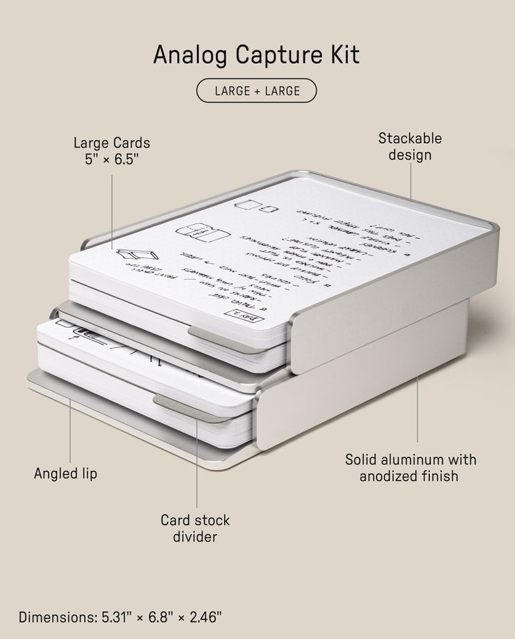 The Analog Capture Kit - 2 Large (Silver Aluminum) is a stackable set with two aluminum card trays, card stock dividers, dot grid cards, large cards, and an angled lip. Dimensions and key features are labeled in the image.