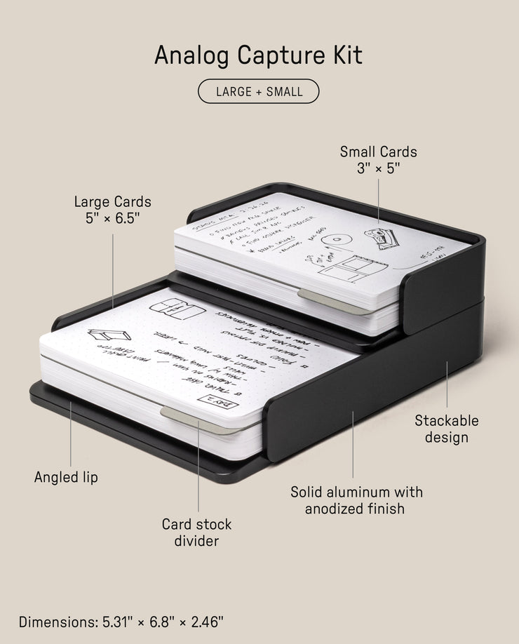 The Analog Capture Kit - Small & Large (Black Aluminum) includes two anodized black aluminum trays for 5 x 6.5" and 3 x 5" dot grid cards with handwritten notes. Features include an angled lip, card stock divider, and listed dimensions.