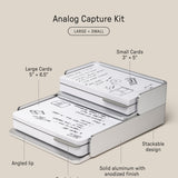 The Analog Capture Kit - Small & Large (Silver Aluminum) is a stackable aluminum tray that holds two sizes of index cards, including Dot Grid Cards, with an angled lip, card stock divider, and solid build. Size: 5.31 × 6.8 × 2.46".