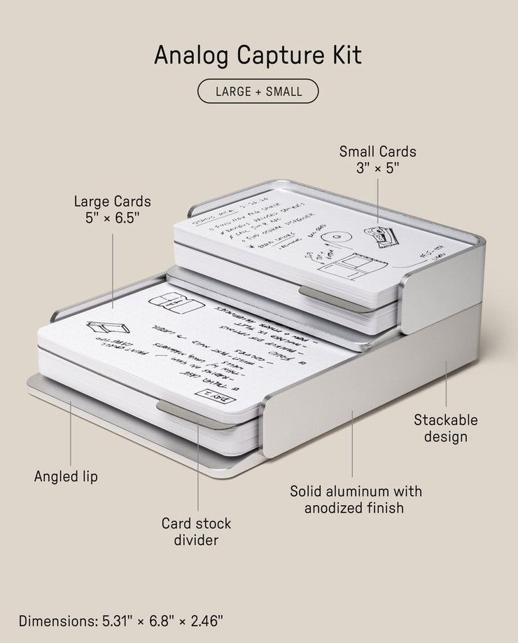 The Analog Capture Kit - Small & Large (Silver Aluminum) is a stackable aluminum tray that holds two sizes of index cards, including Dot Grid Cards, with an angled lip, card stock divider, and solid build. Size: 5.31 × 6.8 × 2.46".