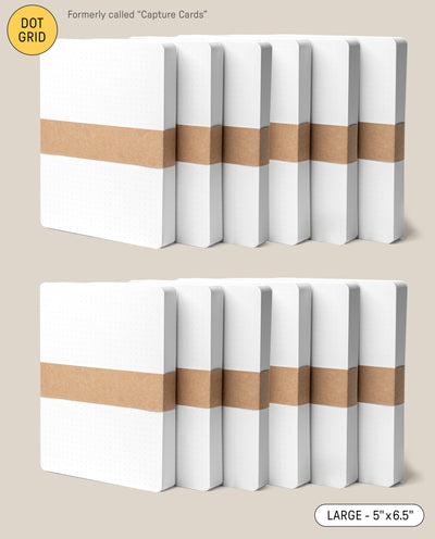 Two rows of Analog Dot Grid Cards - Large (12-Pack), each with a brown paper band. The label reads "Dot Grid" and "Large – 5” x 6.5”," ideal for note taking on premium card stock; formerly Capture Cards.