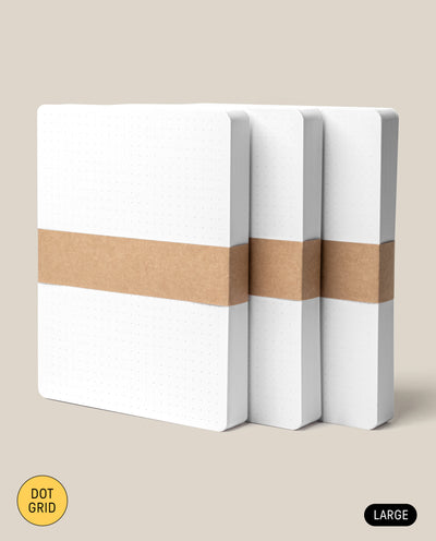Three Analog Dot Grid Cards - Large (3-Pack) are stacked upright with a brown paper band. Their white, dot grid design and labeled "DOT GRID" and "LARGE" corners make them ideal for note taking against a beige background.