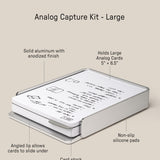 The Analog Capture Kit - Large (Silver Aluminum) features a rectangular aluminum card tray with an angled lip, non-slip silicone pads, a card stock divider, and a stack of large dot grid cards. Size: 5.31 x 6.8 x 1.23 inches.