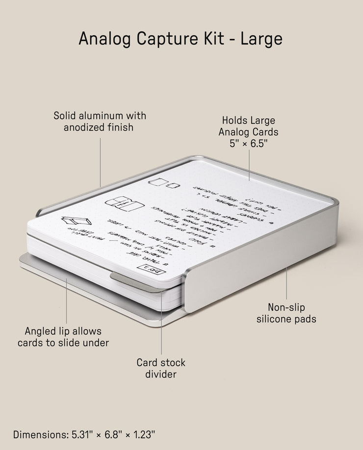 The Analog Capture Kit - Large (Silver Aluminum) features a rectangular aluminum card tray with an angled lip, non-slip silicone pads, a card stock divider, and a stack of large dot grid cards. Size: 5.31 x 6.8 x 1.23 inches.