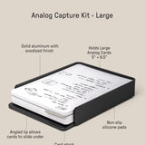 Analog Capture Kit - Large (Black Aluminum) features an anodized aluminum card tray with angled lip for large dot grid cards, non-slip silicone pads, and a card stock divider. Size: 5.31 x 6.8 x 1.23 inches.