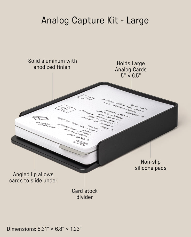 Analog Capture Kit - Large (Black Aluminum) features an anodized aluminum card tray with angled lip for large dot grid cards, non-slip silicone pads, and a card stock divider. Size: 5.31 x 6.8 x 1.23 inches.
