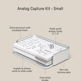 The Analog Capture Kit - Small (Silver Aluminum) includes small dot grid cards in a sturdy aluminum tray with an angled lip, non-slip silicone pads, anodized finish, and a card stock divider. Dimensions: 5.31” × 3.4” × 1.23”.