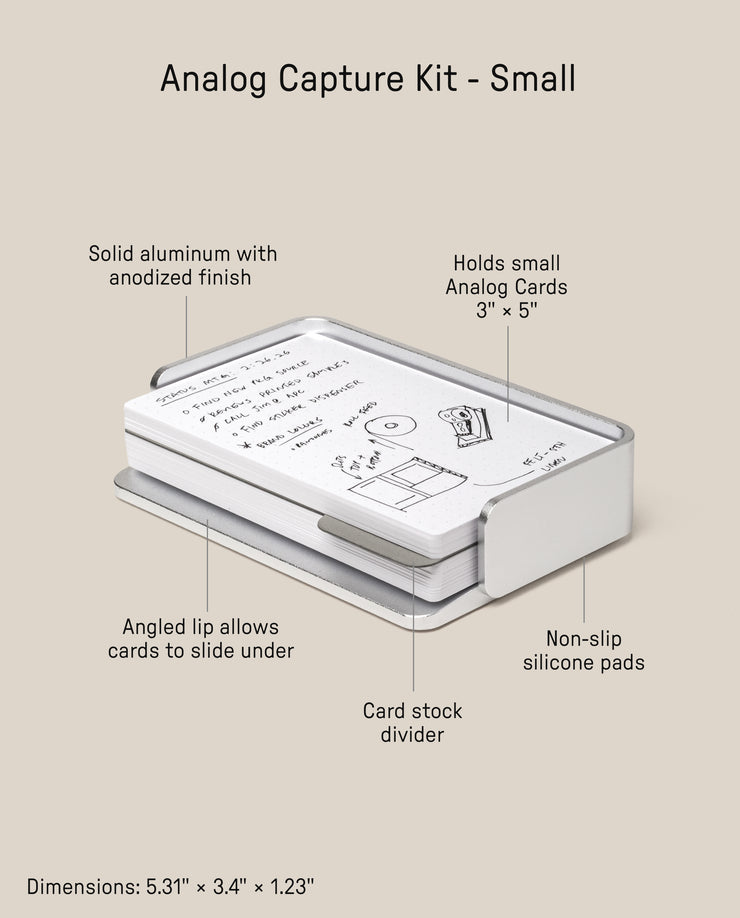 The Analog Capture Kit - Small (Silver Aluminum) includes small dot grid cards in a sturdy aluminum tray with an angled lip, non-slip silicone pads, anodized finish, and a card stock divider. Dimensions: 5.31” × 3.4” × 1.23”.