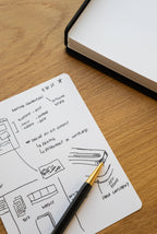 A black and gold pen rests on Analog Dot Grid Cards - Large with handwritten notes and sketches, while an open, blank dotted notebook lies nearby on a wooden desk.
