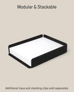 The Capture Bundle (Small Tray + Large Tray - Black Steel) with raised edges is displayed on a beige background. Top text: Modular & stackable steel trays. Bottom text: Additional trays and stacking clips sold separately.
