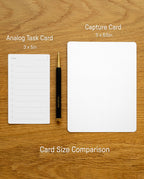 The Capture Bundle (Small Tray + Large Tray - Black Steel) displays 3x5 in and 5x6.5 in cards side by side with a pen and labeled dimensions—perfect for organizing your workspace with stackable steel trays or your Analog Tray Kit.