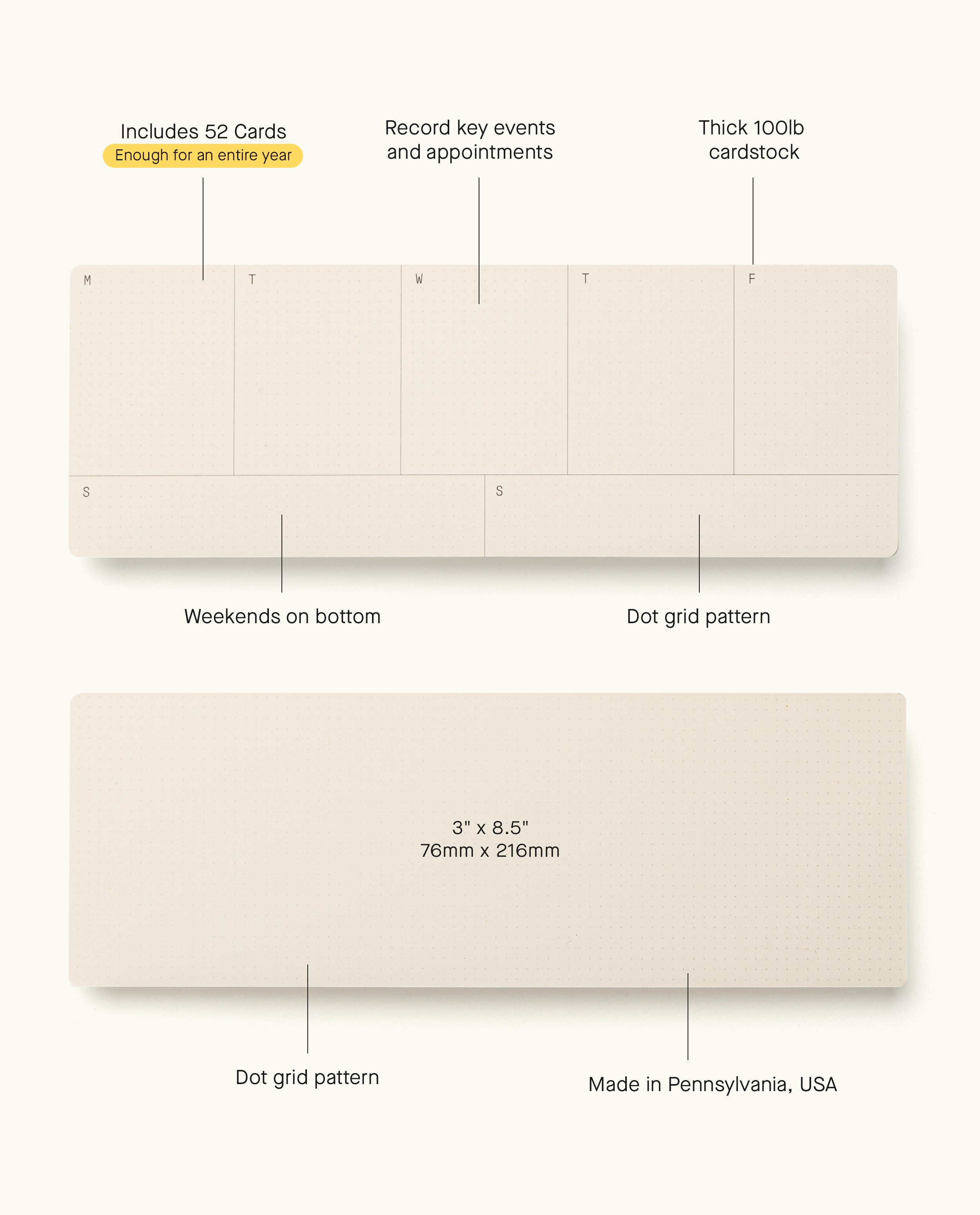 The Analog Annual Refill includes 12 Task Packs plus 52 beige Weekly Cards with a dot grid and weekly layout. Made in the U.S.A. from thick cardstock, these cards fit compact Analog Card Packs for organizing each week.