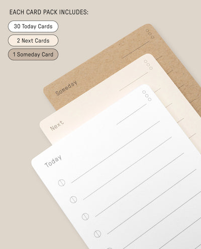 Analog - Task Cards (1-Pack) includes 30 Today cards, 2 Next cards, and 1 Someday card—perfect for organizing your productivity system. The three labeled notecards are stacked on a beige background.