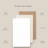A diagram of three stacked analog cards in different colors, labeled with features: 3x5in size, task signals, offset printing, card signal, 3 colors, rounded corners, and thick smooth uncoated paper stock.