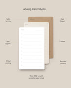 The Analog Daily Focus Kit (Walnut) features three stacked 3x5 inch cards labeled “Someday,” “Next,” and “Today” with task signals, three colors, rounded corners, offset printing, and thick uncoated paper—an analog productivity system.