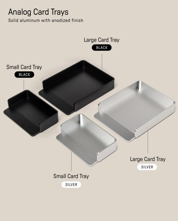 Shown are four anodized aluminum card trays—two small (one black, one silver) and two large (one black, one silver)—each labeled by size/color. The small silver tray pairs perfectly with your Analog Capture Kit - Small (Silver Aluminum).