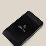 A sleek black rectangular Aluminum Card Holder with rounded edges, featuring the UGMONK logo and name in white, is part of the Analog Daily Focus Kit + 6 Refills (Black Aluminum). Photographed on a plain light beige background.