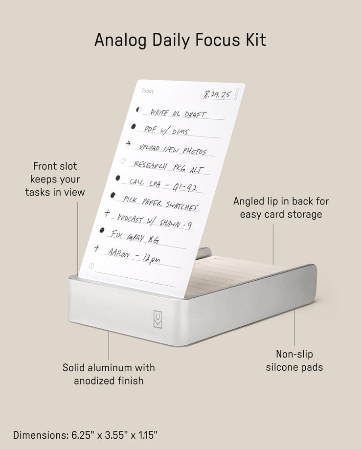The Analog Daily Focus Kit (Silver Aluminum) features a metal card holder with an upright task card, front display slot, angled storage lip, solid aluminum build, non-slip silicone pads, and listed product dimensions.