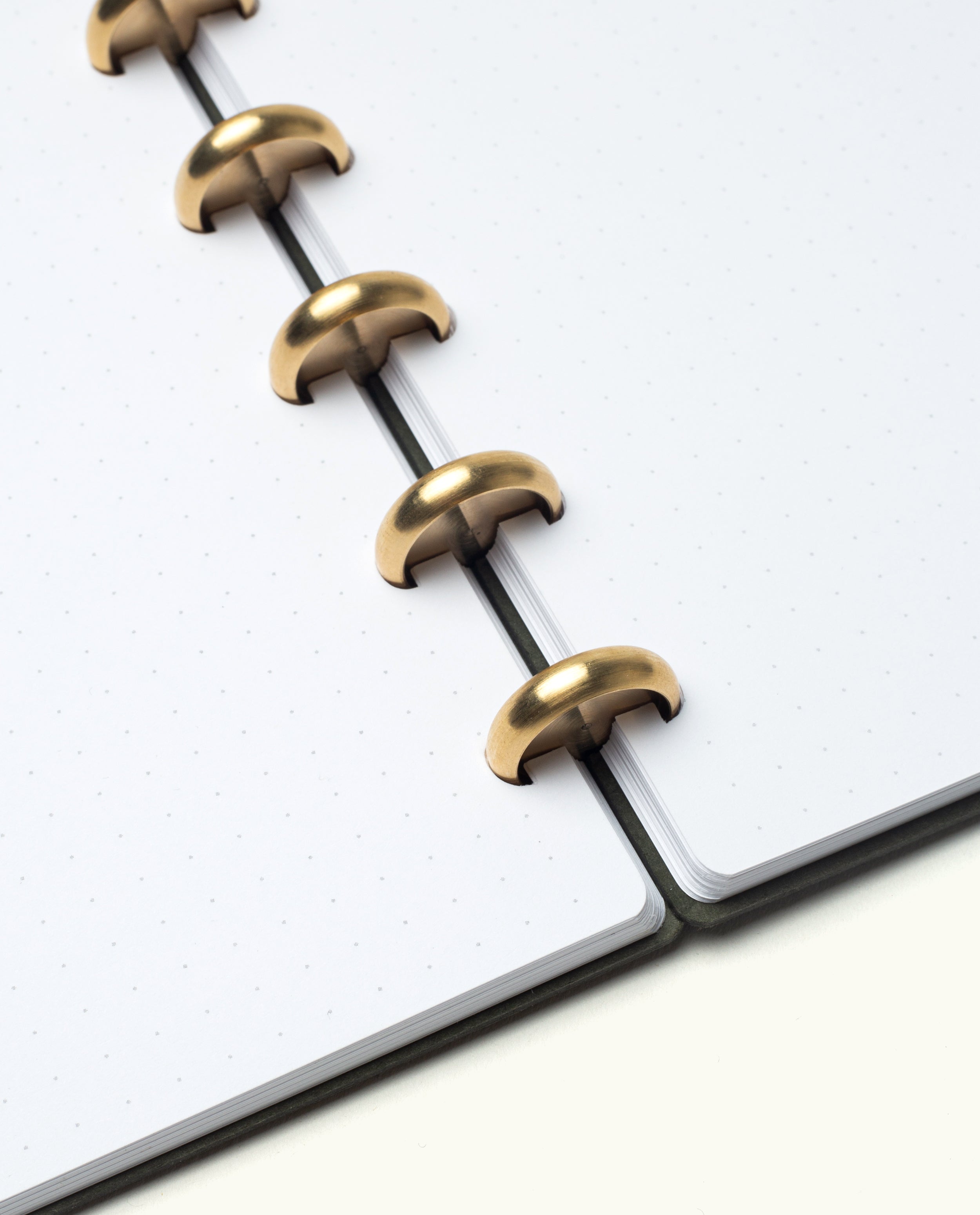 An open Discbound Journal (Standard 6"x 8.5") with white dotted pages and solid brass discs rests on a clean, off-white surface. The neatly aligned pages are held by evenly spaced discs along the spine.
