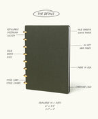 The Discbound Journal (Standard 6"x 8.5") is a dark, spiral-bound, refillable notebook with solid brass discs, thick card stock covers, 70lb smooth white paper, 120 dot grid pages, an embossed logo, and is made in the USA.