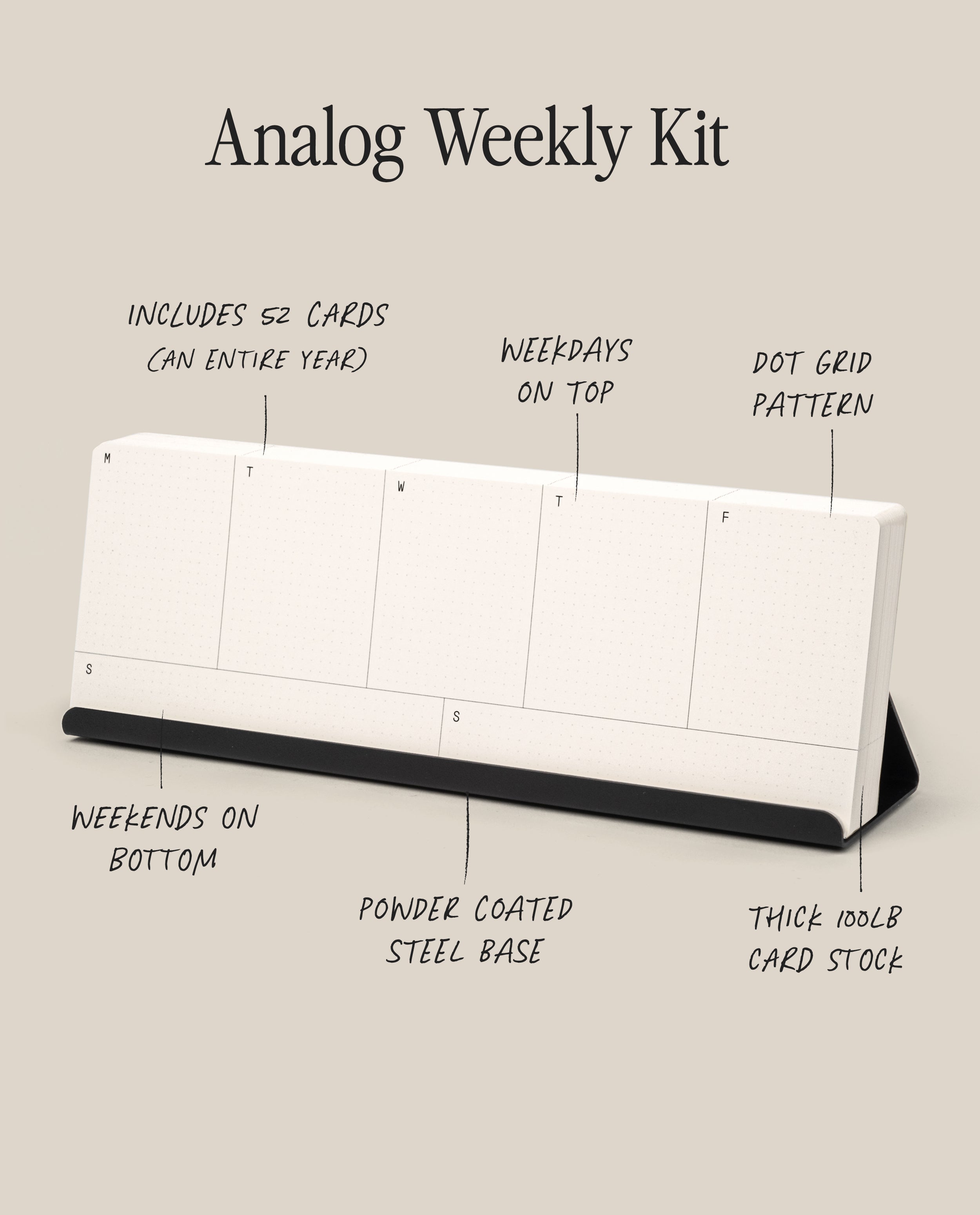 The Analog Weekly Kit (Black Steel) includes 52 weekly planner cards with weekdays on top, weekends below, a dot grid, sturdy 100lb card stock, and a powder-coated black steel holder.